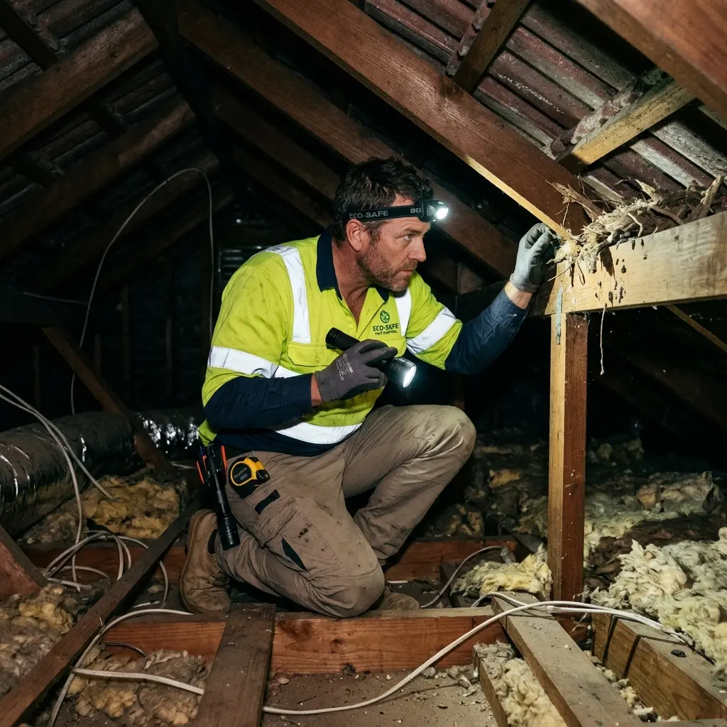 Technician inspecting a Mordialloc roof cavity for a dead possum